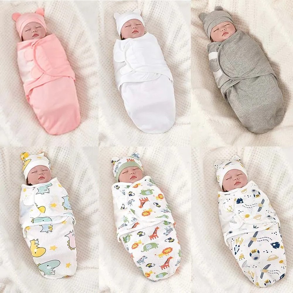 Six babies sleeping in Swaddle Buddy wraps and bear-ear hats
